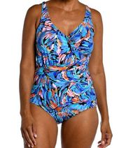 Maxine One Piece Feathers & Flair Shirred Surplice Swimsuit Blue Gold Size 18