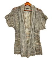 Wet Seal Womens Large Gray Tan Neutral Short Sleeve Lightweight Cardigan Sweater