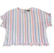 For Cynthia Petite Womens PL Large Linen Top Cropped Striped Ruffle Multi-Color