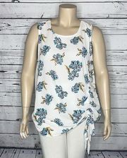 Halogen Size XXL White - Blue Floral Print Ruched Front Tank Top Blouse