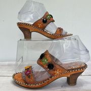 Spring Step Brown Leather Heeled Sandals Flowers Beads & Cutouts Size 37/6.5