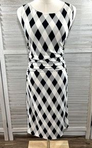 NORMA KAMALI Shirred Sleeveless Bodycon Dress Black/White/Gray Diamond Print-M