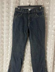 calvin klein dark wash wide leg fringe beaded jeans