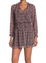 Socialite Black Pink Floral Long Sleeve Smocked Blouson Mini Dress