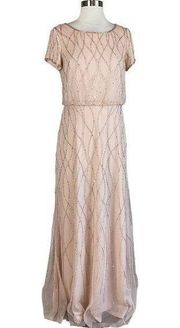 Adrianna Papell Women's Formal Dress Size 6 Pink Beaded Short Sleeve Long Gown