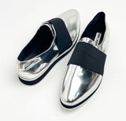 KARL LAGERFELD Paris Kristi3 Silver Metallic Mirror Black Strap Loafers, 7.5