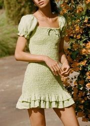 FAITHFULL THE BRAND Lime Green Cette Smocked Linen Mini Dress Size Small