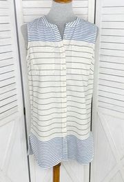 Merona Striped Sleeveless Tunic Shirt Ivory Blue Medium Button Front