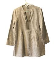 Chicos Top Women's Size 1 Pleated Embellished Rhinestones Tunic Linen/Cotton