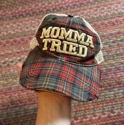 JUDITH MARCH MOMMA TRIED RED PLAID TRUCKER HAT SNAPBACK