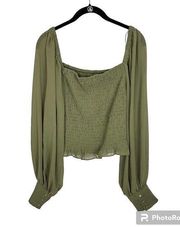 Bar III Smocked Crop Balloon Sleeve Blouse Green Size XXL