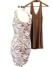 NEW Romwe Womens L Slinky Bodycon Dress Lot Solid Brown Swirl Halter Ribbed