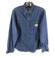 Harley Davidson Denim Chambray Shirt Womens M Blue Snap Moto Motorcycle Biker