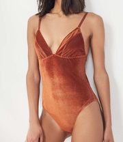 Urban Outfitters  Out From Under Velvet Ribbed Plunge Neck Bodysuit | Rust Brown