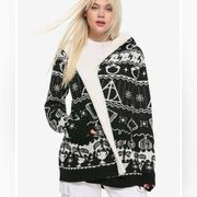 Harry Potter Horcrux Fair Isle wizard black white knit cardigan with fleece trim