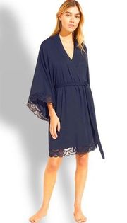 Everjey Navy Lace Trim Kimono Modal Robe Large NWT