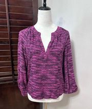 Melrose & Market Womens Blouse Purple Striped Long Sleeve V Neck Pleated XS New