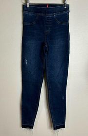 SPANX Womens Distressed Ankle Skinny Jeans in Medium Wash Raw Hem Size Small