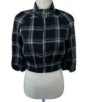 Vintage Rainbow Plaid Crop Top Academia Shirt Womens Sz M Black White Full Zip‎