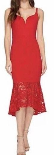 AIDAN MATTOX  Ferrari Red Lace Hemline Mermaid Cocktail Gown Dress Size US 8