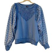 Anthropologie Pilcro Eyelet Sweatshirt Top Blue Large Women's Boho Preppy