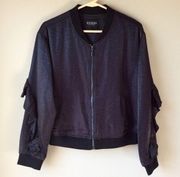 Guess Biella Ruffle Bomber Jacket Sz Medium Shiny Black Zip Front Feminine