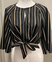 Japna Black, Tan, White Vertical Striped Half-Sleeve Crop Top With Front Tie