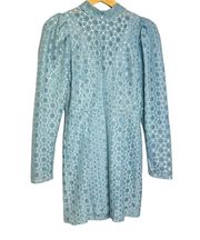 WAYF Elan Lace Puff Sleeve Mini Blue Dress Size Small