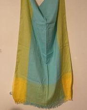 Coldwater creek color block fringe scarf wrap cover-up aqua blue yellow Cotton