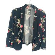 Maurices Womens Floral Blazer Open Front Stretch Bell 3/4Sleeve Black Large