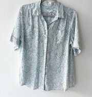 100% Linen Charter Club Buttons Down Top Blouse LARGE Paisley Blue Shorts Sleeve