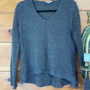 Helmut Lang Blue Gray Linen Open Crochet V-Neck Pullover Sweater Size PS