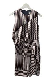 REISS Tan Black Stripe Knee Length Rare Dress Women’s Asymmetric Design Size 4