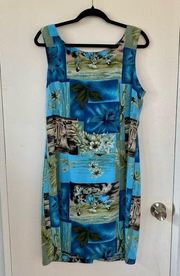 Connected Apparel Coconut Girl Regenccy pattern Blue Green 90s Sheath Dress 16