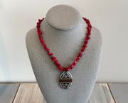 Fabulous Beaded  Necklace Red Stone Chips Silver Pendant