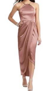 Draped Halter Midi Dress in Shiny Stretch Charmeuse desert rose