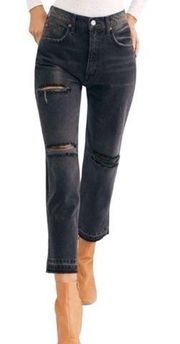 Free People Lita Black Distressed High Rise Straight Leg Jean Size 30