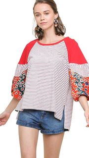 Umgee Stripe And Floral Color Block Puff Sleeve Top