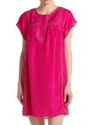 Calypso St. Barth Solid Pink Silk Short Sleeve Embroidered Shift Dress Size M