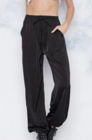 Style Black Satin High Waist High Rise Joggers with Yellow Stripe Panel