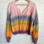 🎉 The Indigo Child Distressed Rainbow Sprayed V Neck Sweater Colorful Size M