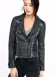 NEW Express faux leather embroidered moto jacket aztec unique design charcoal