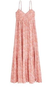 Tall Ruched Crinkle Front Slit Maxi Dress in Coral