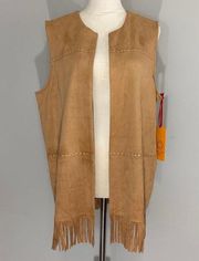 Ruby Rd NWT Toffee Studded Long Faux Suede Boho Festival Fringe Vest Petite Sz L