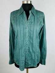 Rock 47 Rockabilly Western Womens S Green Studded Fleur De Lis Yoke Shirt