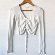 Reformation White V-Neck Ribbed Long Sleeve Ruched Front Tie Crop Top