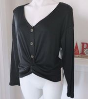 June & Hudson Knot Front Cropped Sweater Black Knit Long Sleeve Size XL NWT