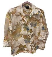 Elementz Sheer Floral Blouse 3/4 Sleeve Button Down Shirt Top Cream Size M