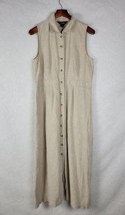 Rafaella Shirt Dress 12 Beige Linen Maxi Button Down Sleeveless Collared Casual