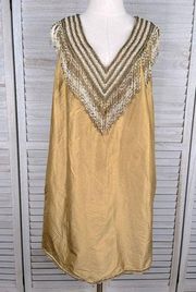 CALYPSO ST BARTH 100% Silk Sleeveless V Neck Mini Dress w Beading Gold-Large
